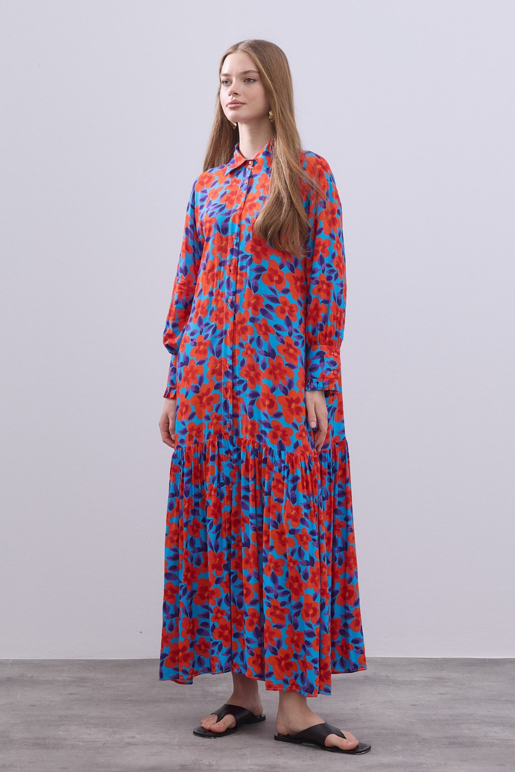 Desenli Pamuk Viskon Elbise Turuncu