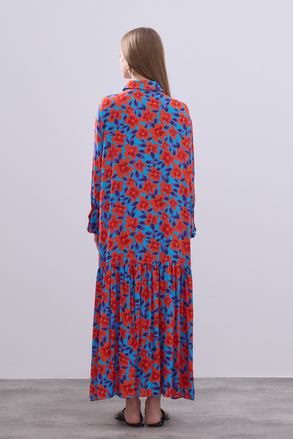 Desenli Pamuk Viskon Elbise Turuncu