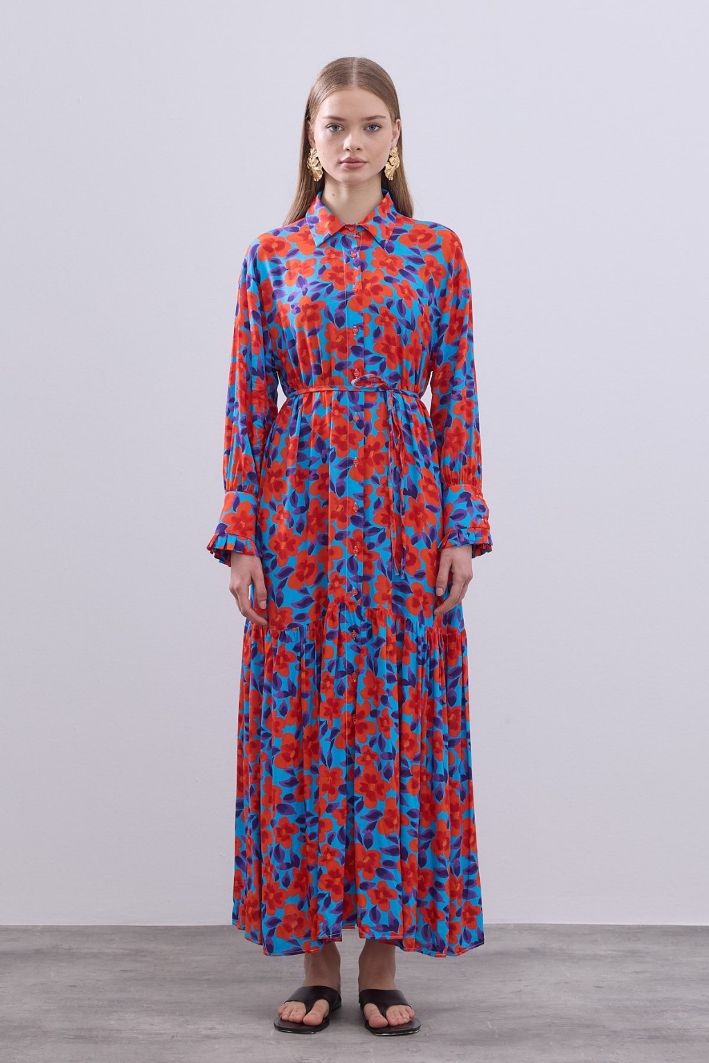 Desenli Pamuk Viskon Elbise Turuncu