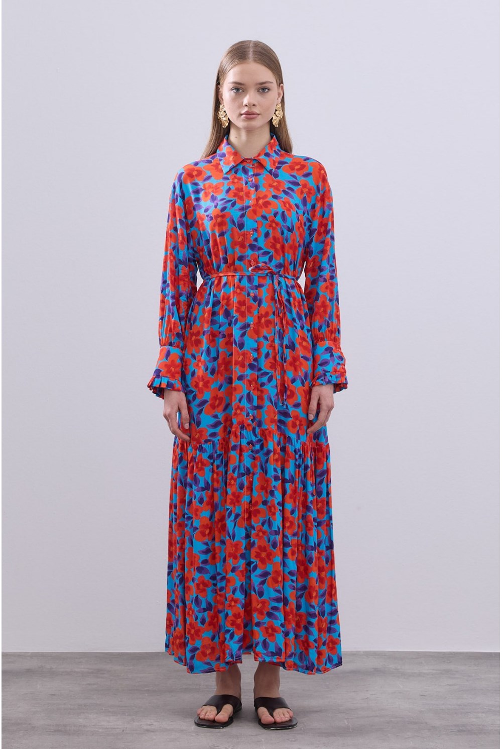 Desenli Pamuk Viskon Elbise Turuncu