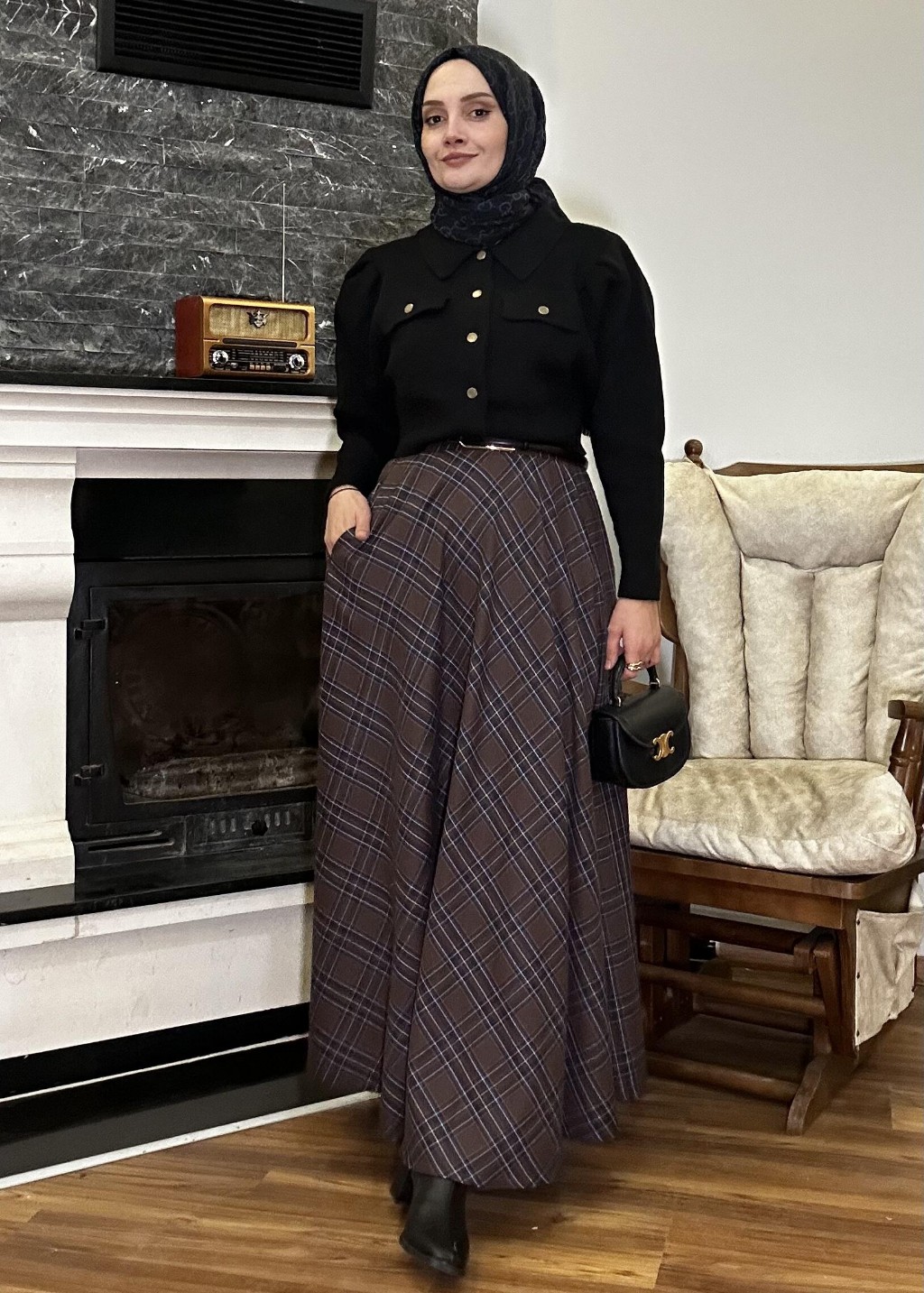 Ekose Kloş Etek Kahverengi 