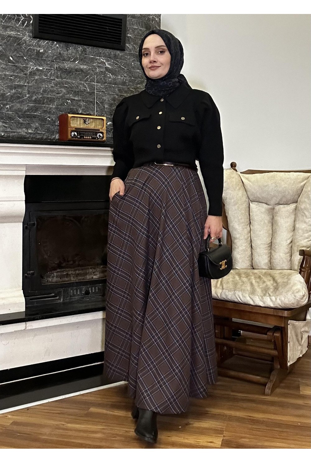 Ekose Kloş Etek Kahverengi 