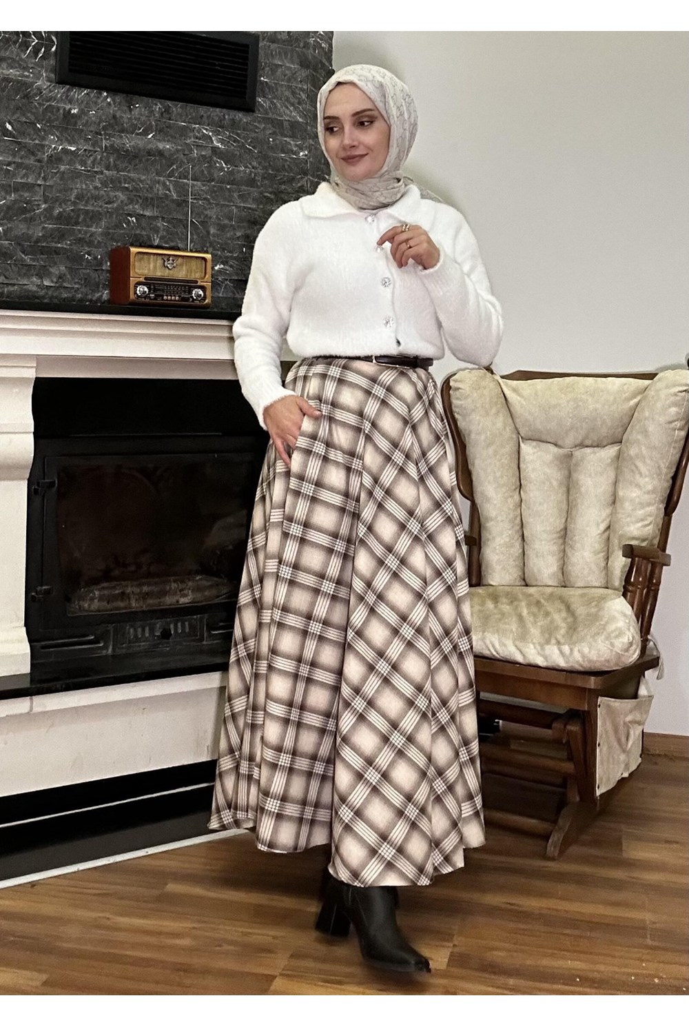 Ekose Kloş Etek Krem