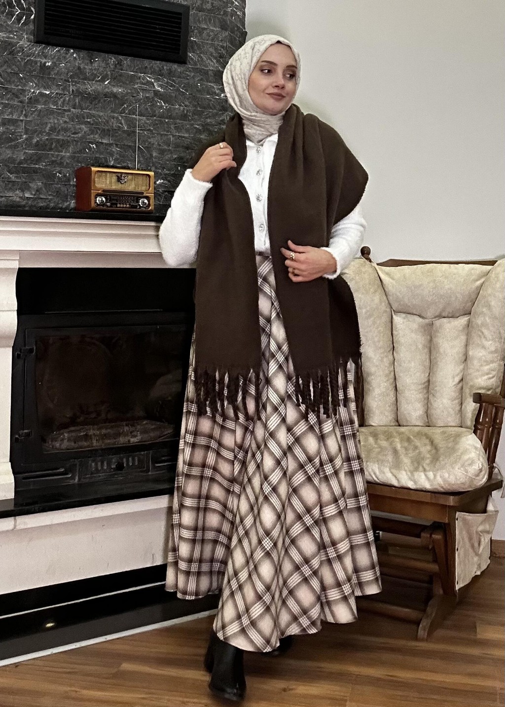 Ekose Kloş Etek Krem