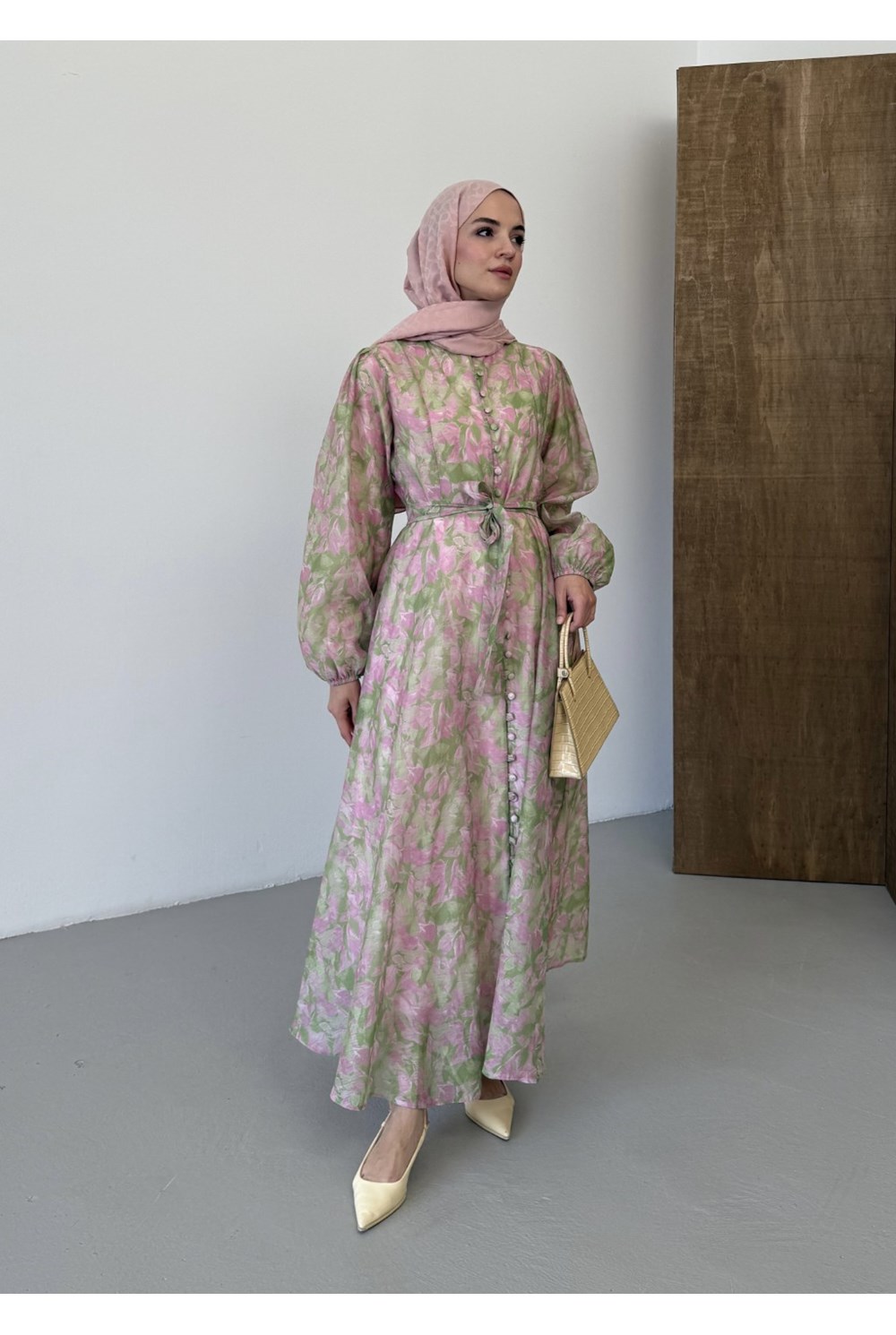 Floral Elbise Pembe 
