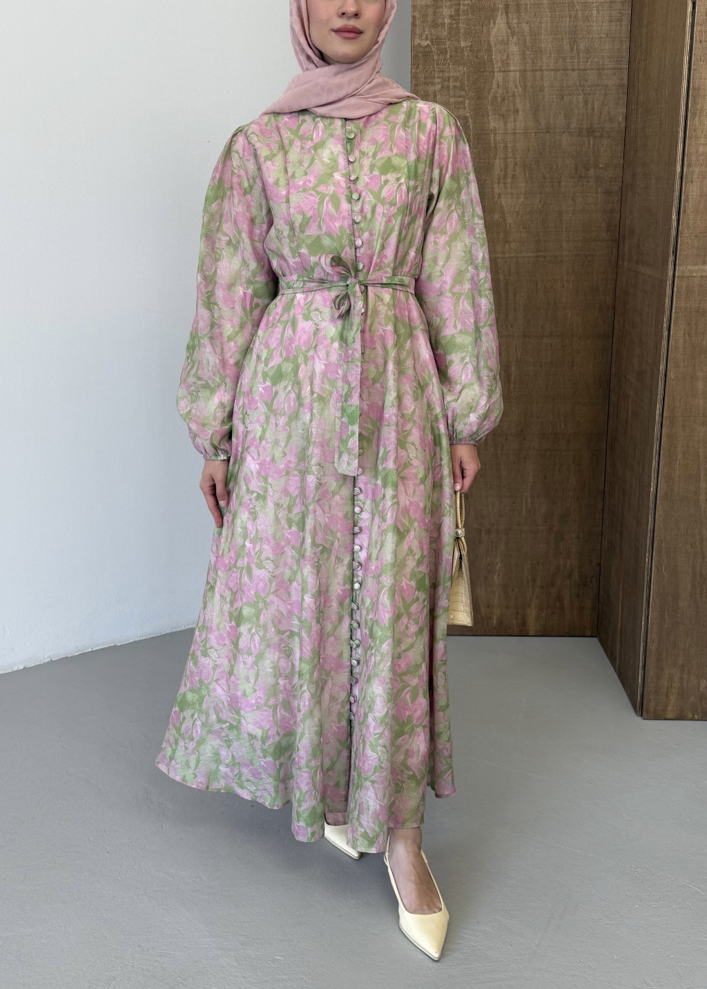 Floral Elbise Pembe 
