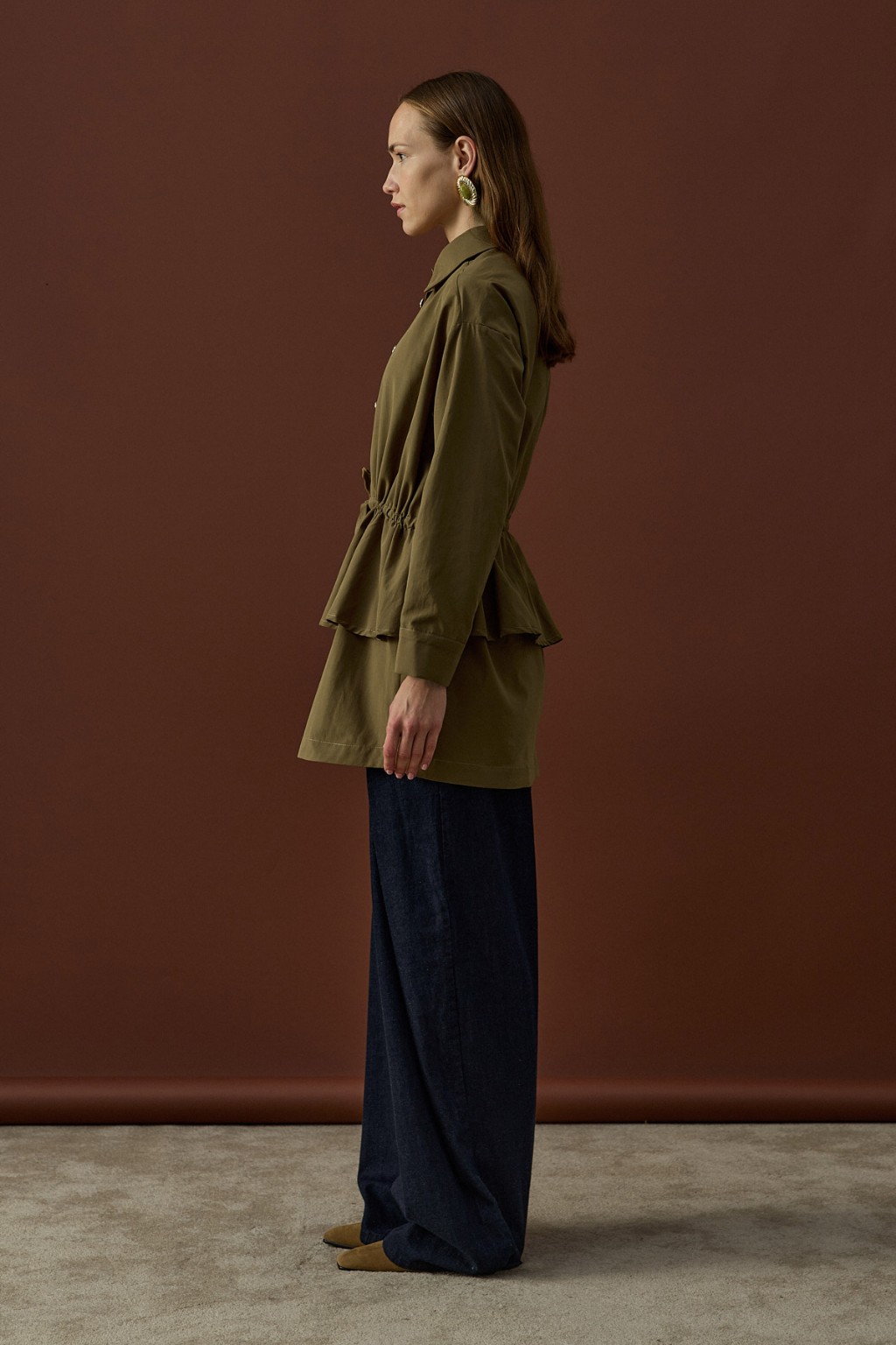 Gold Düğmeli Volan Ceket Haki