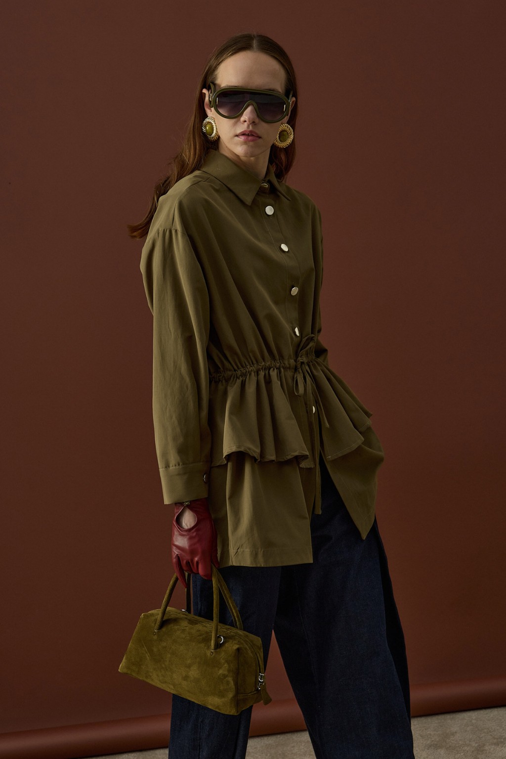 Gold Düğmeli Volan Ceket Haki