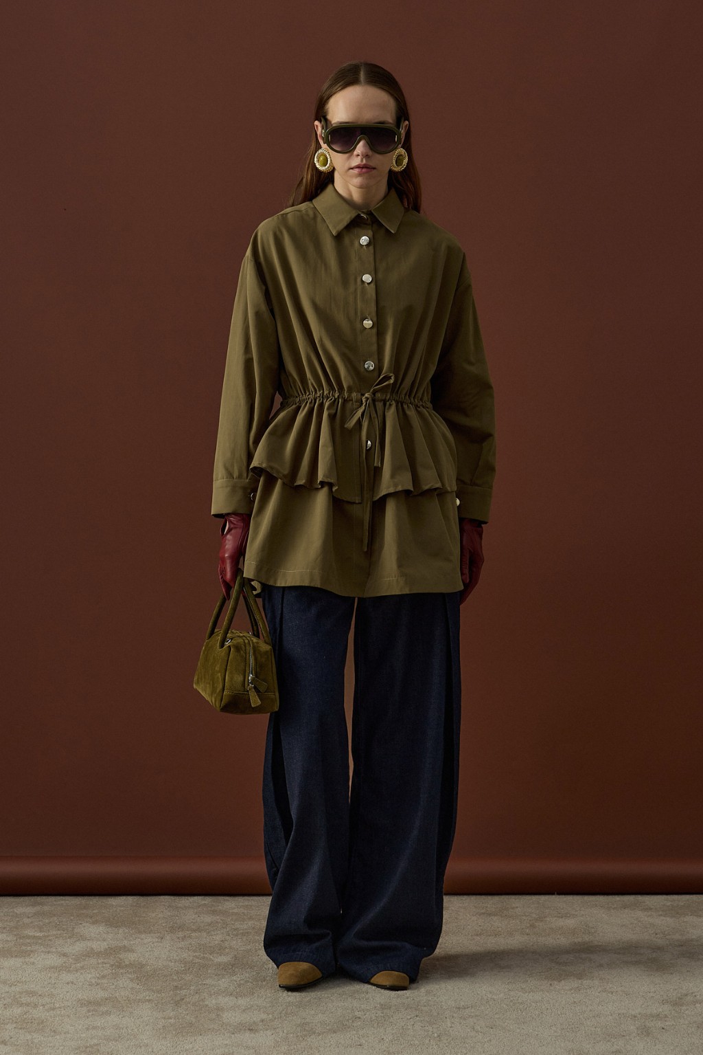 Gold Düğmeli Volan Ceket Haki