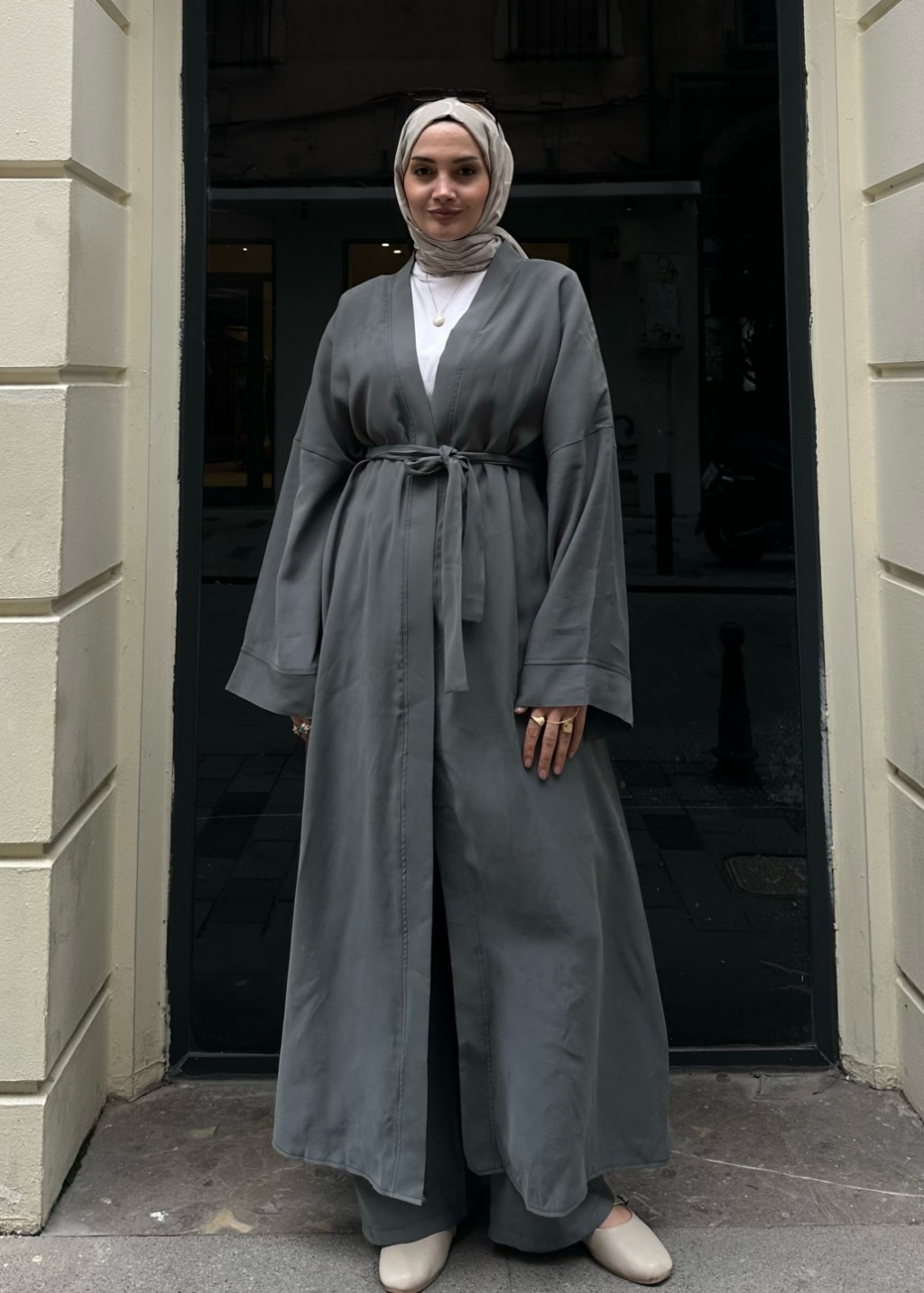 Modal Uzun Kimono Ferace Takım Gri 