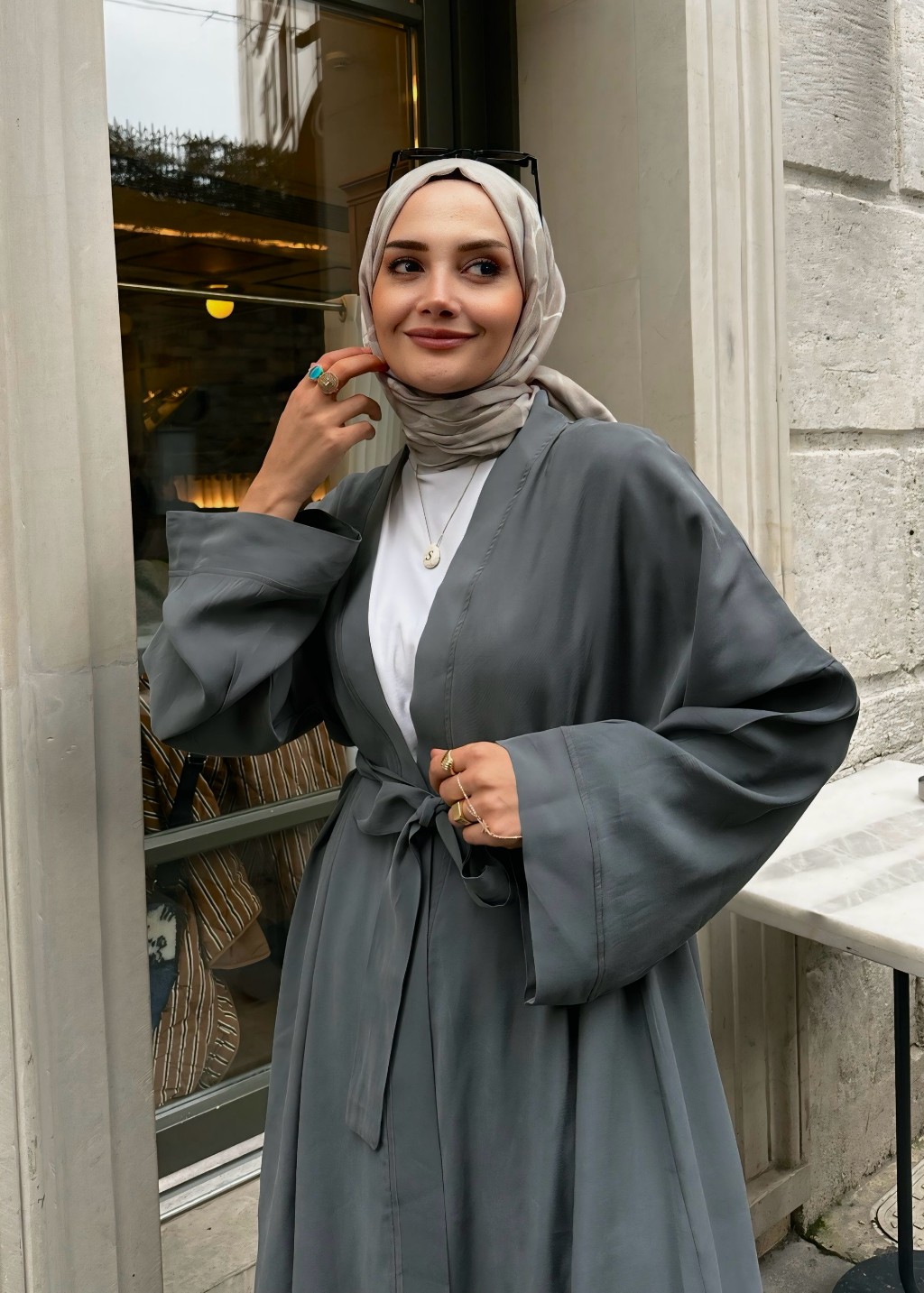 Modal Uzun Kimono Ferace Takım Gri 