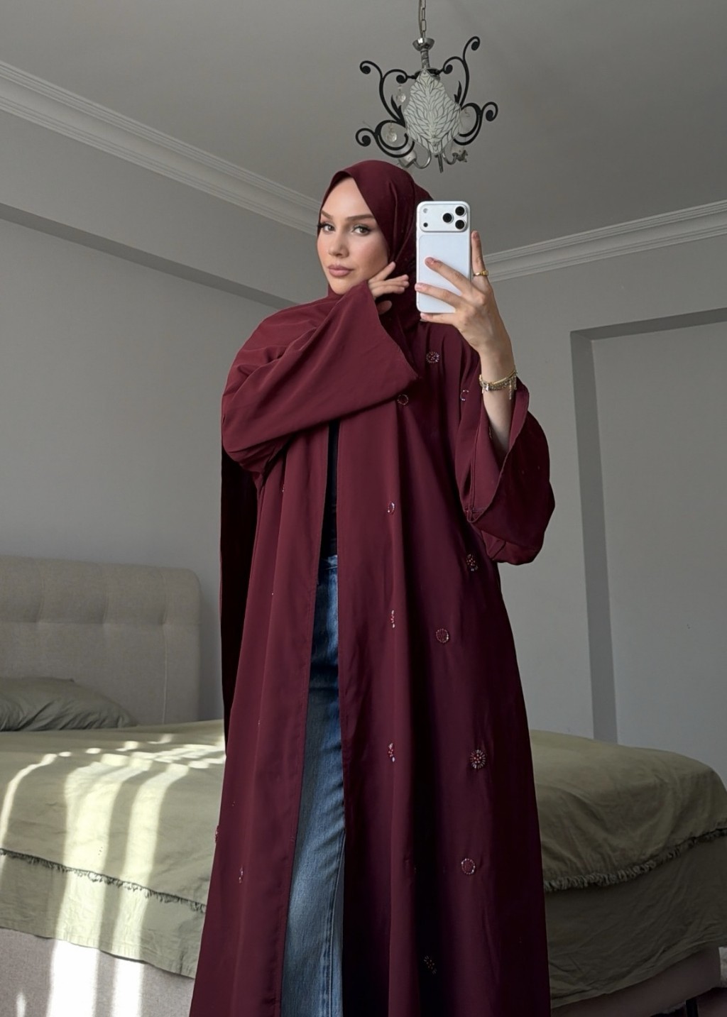 Naira Abaya Bordo Küçük Desen