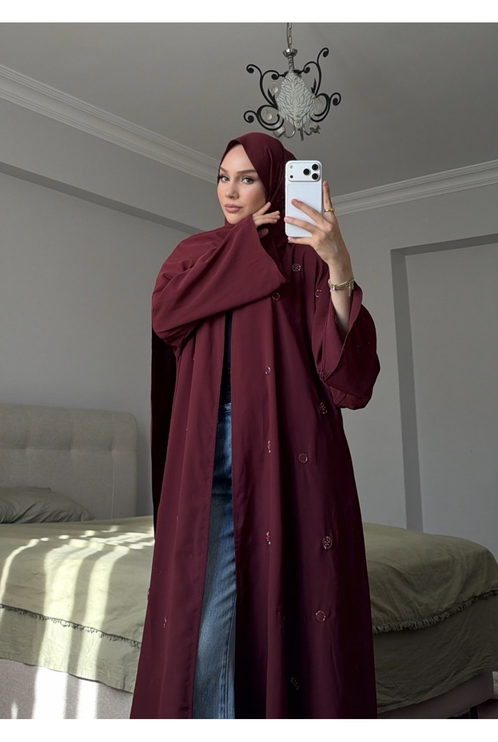 Naira Abaya Bordo Küçük Desen