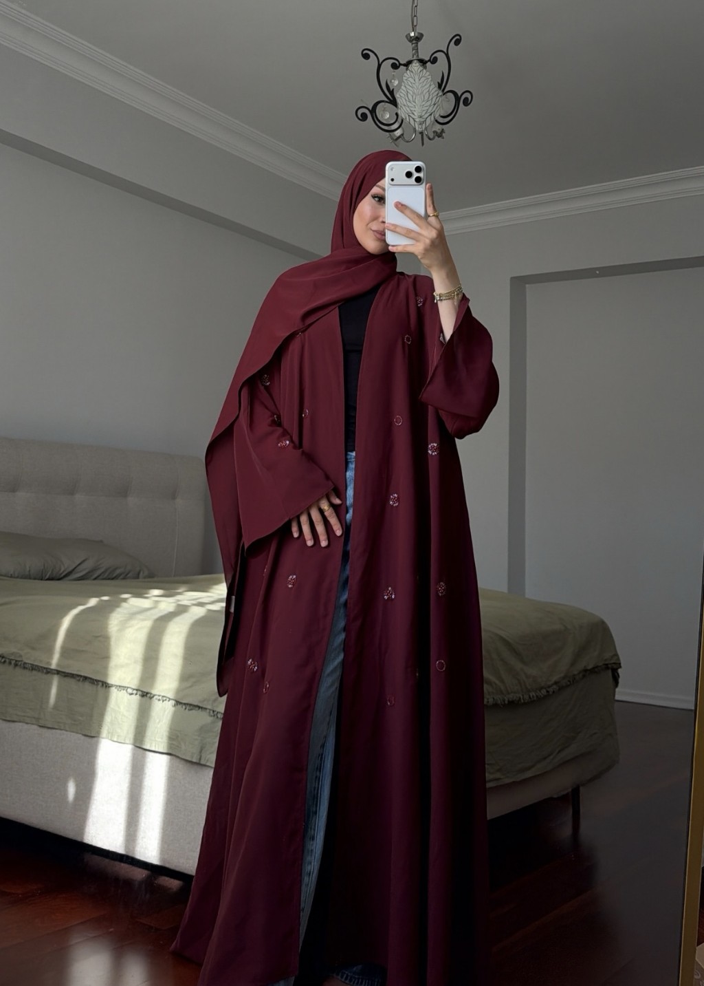 Naira Abaya Bordo Küçük Desen