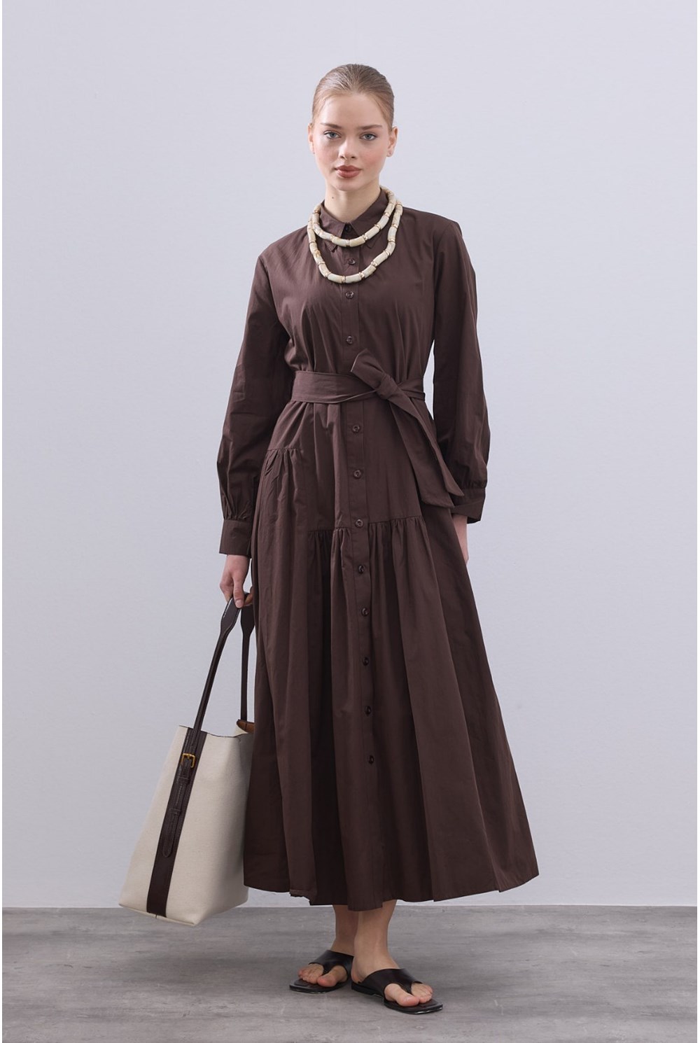 Premium Büzgü Elbise Acı Kahve