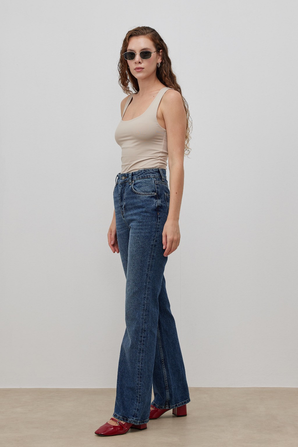 Wide Leg Denim Pantolon Mavi