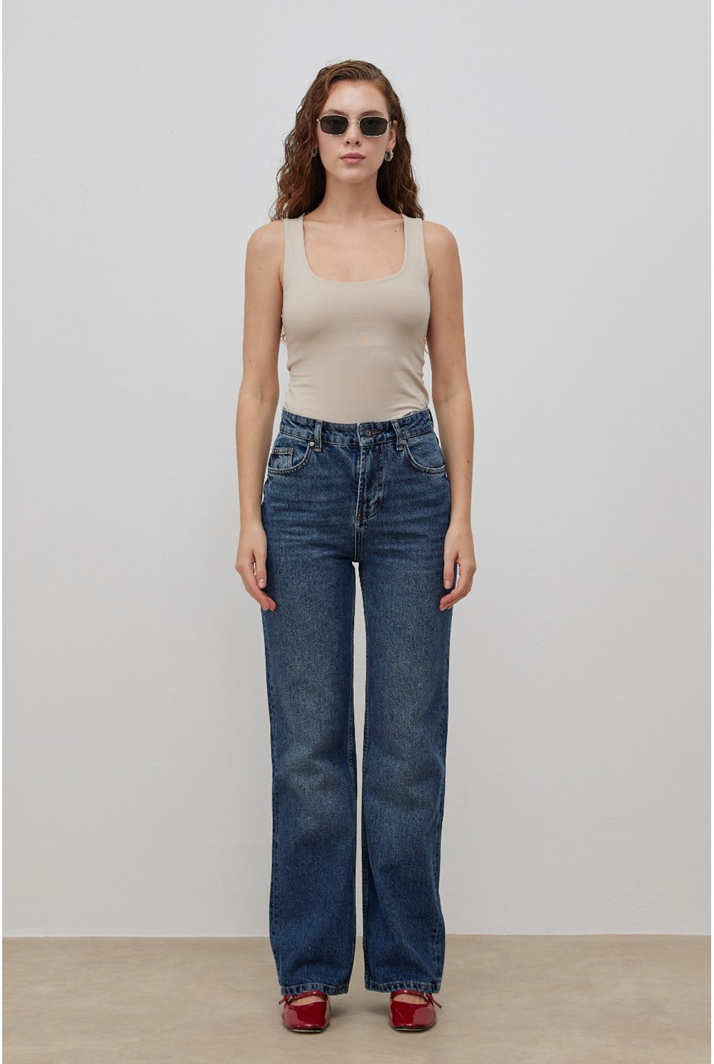 Wide Leg Denim Pantolon Mavi