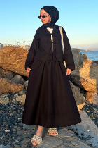 Bağlamalı Pamuk Keten Takım Siyah