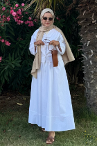 Bağlamalı Pamuk Keten Takım Beyaz