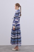 Desenli Keten Elbise Lacivert